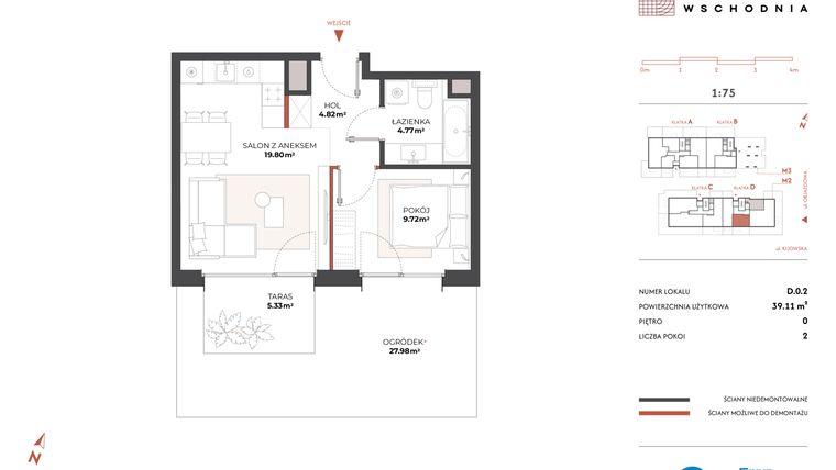 Rzut - Mieszkanie na sprzedaż 2 pokoje o powierzchni 39,11 m² - numer D.0.2 w Drucianka Wschodnia