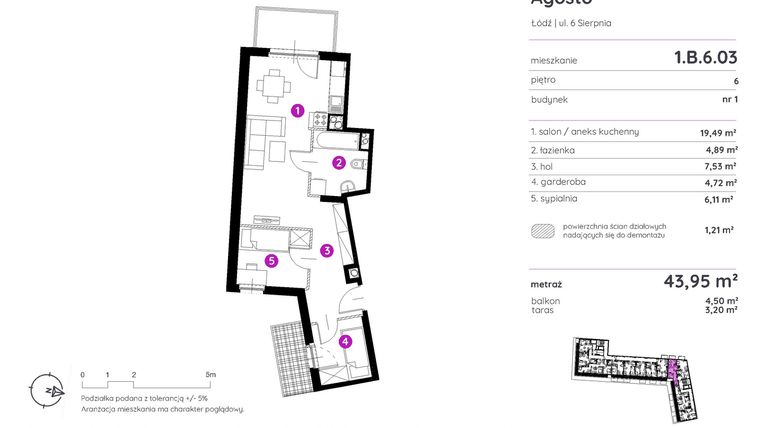Rzut - Mieszkanie na sprzedaż 2 pokoje o powierzchni 43,79 m² - numer 1.B.6.03 w Murapol Agosto