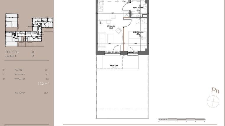 Rzut - Mieszkanie na sprzedaż 2 pokoje o powierzchni 32,2 m² - numer 2 w BETWEEN