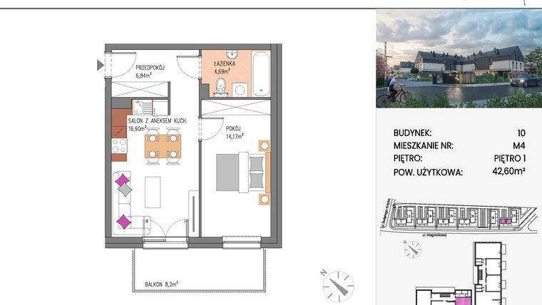 Rzut - Mieszkanie na sprzedaż 2 pokoje o powierzchni 42,6 m² - numer Bud.10-4 w Willa Magnolia