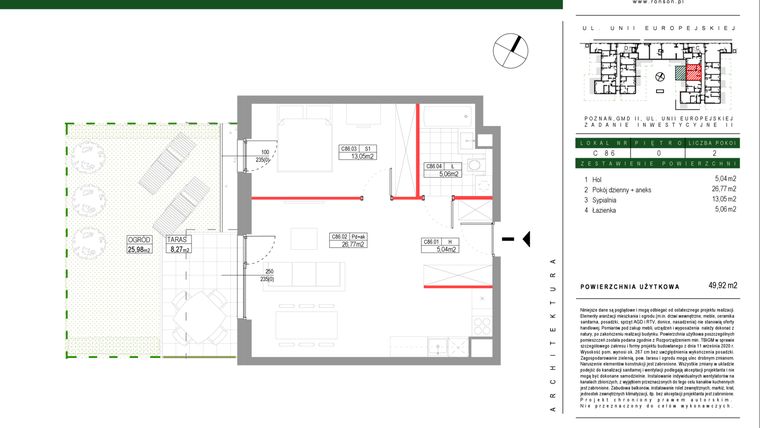 Rzut - Mieszkanie na sprzedaż 2 pokoje o powierzchni 49,92 m² - numer C086 w Grunwald Między Drzewami etap III