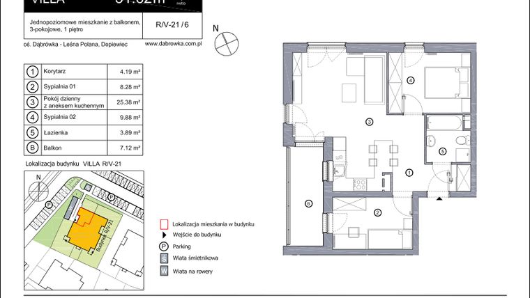 Rzut - Mieszkanie na sprzedaż 3 pokoje o powierzchni 51,62 m² - numer R_V-21_6 w os. Dąbrówka – Leśna Polana