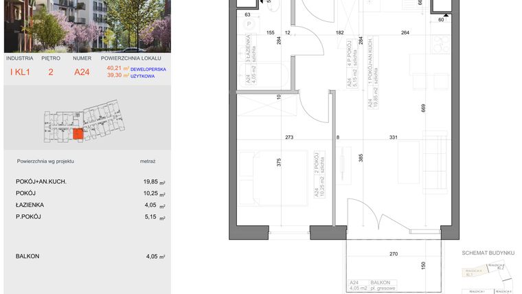 Rzut - Mieszkanie na sprzedaż 2 pokoje o powierzchni 39,3 m² - numer I-A24 w Industria etap I-A