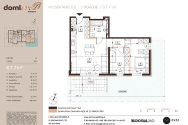 Rzut - Mieszkanie na sprzedaż 3 pokoje o powierzchni 67,8 m² - numer D2 w Domkove Widzew