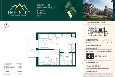 Rzut - Mieszkanie na sprzedaż 2 pokoje o powierzchni 34,8 m² - numer B1/0/9 w Infinity Mountain Resort etap 2