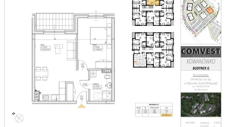 Rzut - Mieszkanie na sprzedaż 2 pokoje o powierzchni 47 m² - numer G12 w Kowanówko