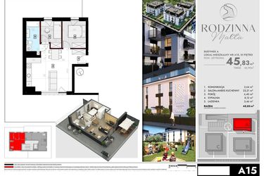 Rzut - Mieszkanie na sprzedaż 3 pokoje o powierzchni 45,34 m² - numer A15 w Rodzinna Malta
