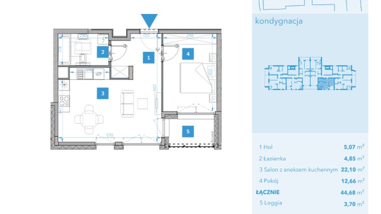 Rzut - Mieszkanie na sprzedaż 2 pokoje o powierzchni 44,68 m² - numer 20 w Apartamenty Macadamia