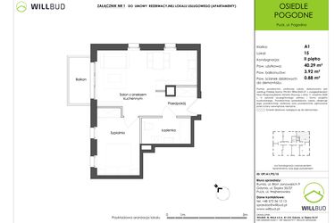 Rzut - Mieszkanie na sprzedaż 3 pokoje o powierzchni 60,87 m² - numer OP/A1/P2/15 w Osiedle Pogodne etap I