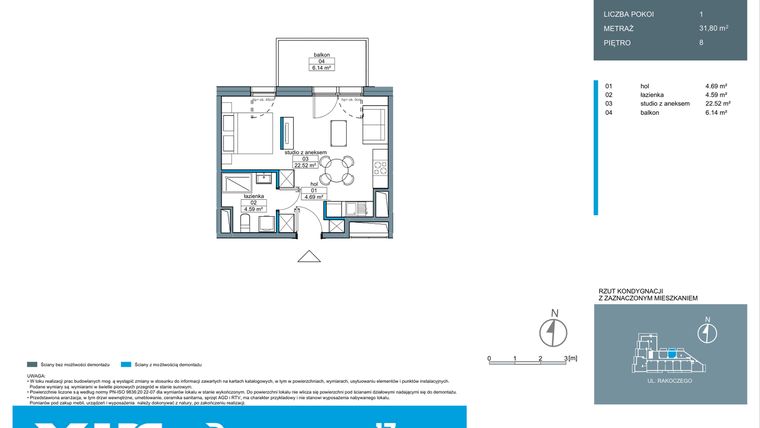 Rzut - Mieszkanie na sprzedaż 1 pokój o powierzchni 31,77 m² - numer A.8.2 w Rakoczego 17