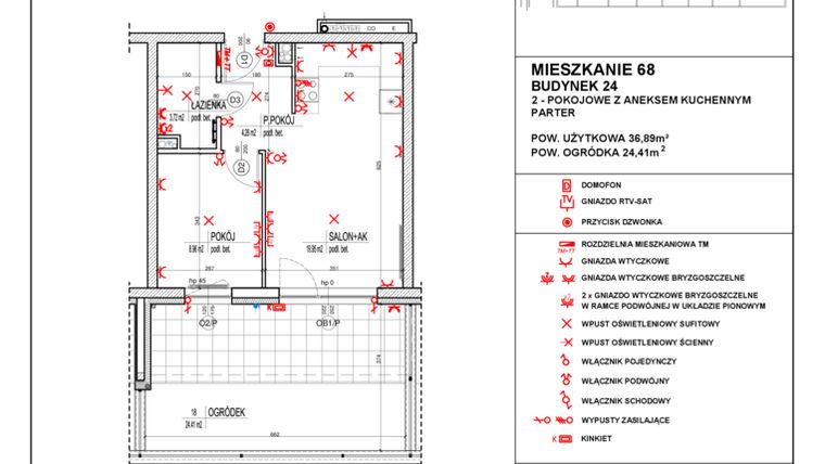 Rzut - Mieszkanie na sprzedaż 2 pokoje o powierzchni 36,89 m² - numer 24_68 w Osiedle 4 Pory Roku - Etap VIII