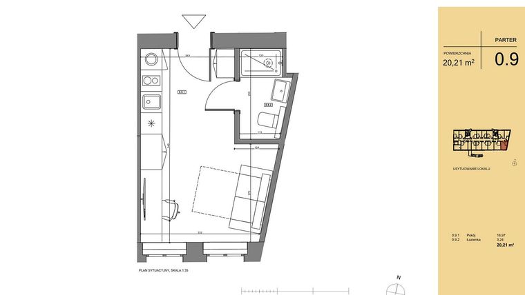 Rzut - Mieszkanie na sprzedaż 1 pokój o powierzchni 20,21 m² - numer 0.9 w Rezydencja San Petrus