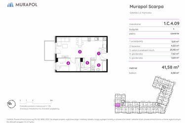 Rzut - Mieszkanie na sprzedaż 1 pokój o powierzchni 41,58 m² - numer 1.C.4.09 w Murapol Scarpa