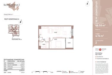 Rzut - Mieszkanie na sprzedaż 2 pokoje o powierzchni 44,58 m² - numer 36 w Kopalniana