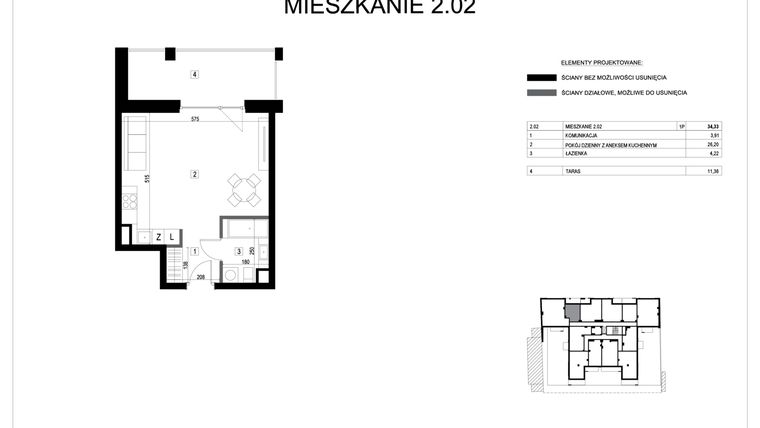 Rzut - Mieszkanie na sprzedaż 1 pokój o powierzchni 34,33 m² - numer M2.02 w Verde Casa