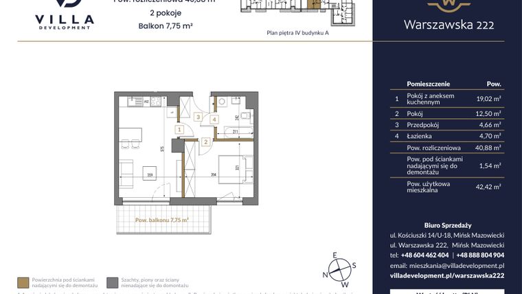Rzut - Mieszkanie na sprzedaż 2 pokoje o powierzchni 40,88 m² - numer 30A w Warszawska 222