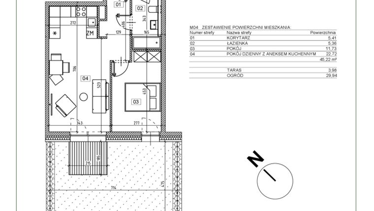 Rzut - Mieszkanie na sprzedaż 2 pokoje o powierzchni 45,29 m² - numer I.M04 w Osiedle Glivia Zachodnia