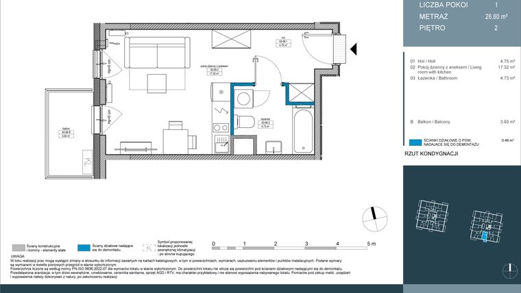Rzut - Mieszkanie na sprzedaż 1 pokój o powierzchni 26,8 m² - numer 69 w Nordic Górka Narodowa