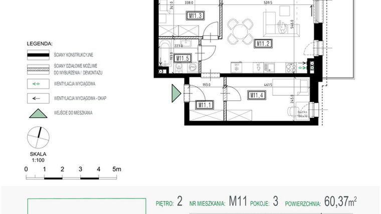 Rzut - Mieszkanie na sprzedaż 3 pokoje o powierzchni 60,37 m² - numer 11 w Kolarska Koncept