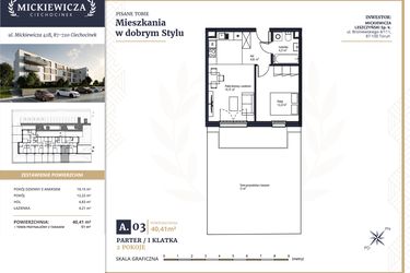 Rzut - Mieszkanie na sprzedaż 2 pokoje o powierzchni 40,41 m² - numer A3 w Mickiewicza