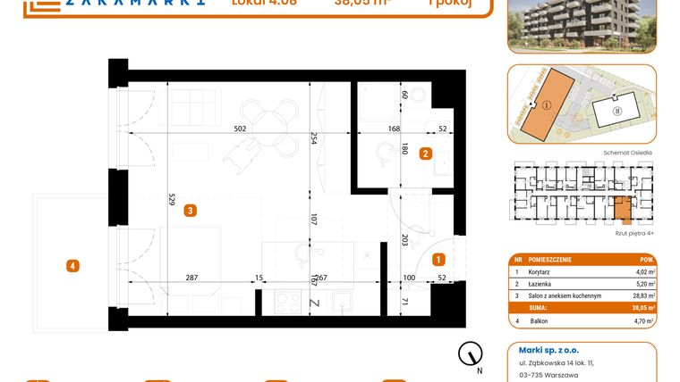 Rzut - Mieszkanie na sprzedaż 1 pokój o powierzchni 38,05 m² - numer B1/4/08 w Zakamarki