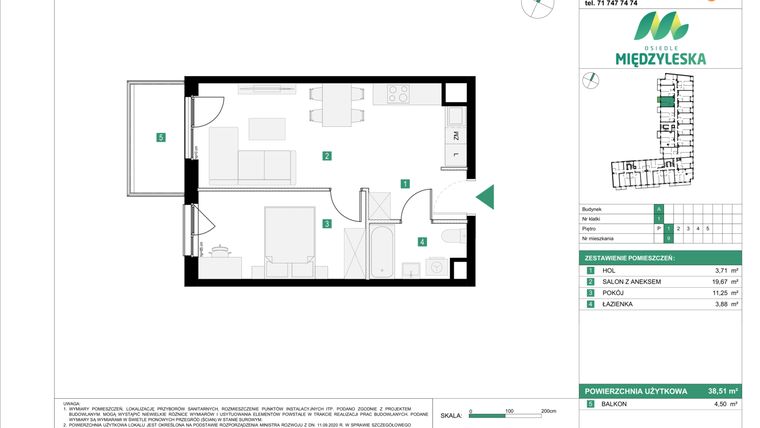 Rzut - Mieszkanie na sprzedaż 2 pokoje o powierzchni 38,51 m² - numer 9 w Osiedle Międzyleska - etap III