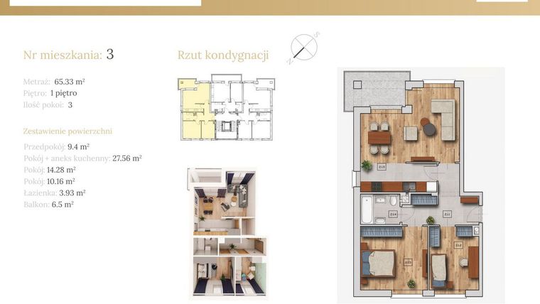 Rzut - Mieszkanie na sprzedaż 3 pokoje o powierzchni 66,25 m² - numer 51A.3 w Dębowa 51