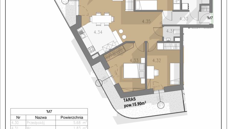 Rzut - Mieszkanie na sprzedaż 4 pokoje o powierzchni 84,15 m² - numer B.M7 w Villa Botanica