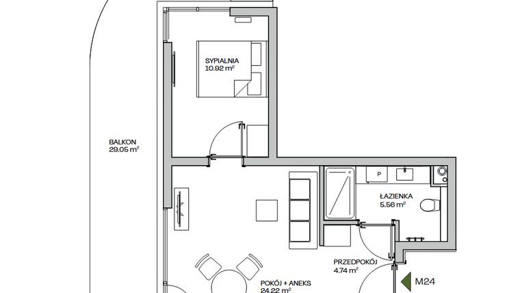 Rzut - Mieszkanie na sprzedaż 2 pokoje o powierzchni 45,44 m² - numer M24 w Zielona Marina - Apartamenty inwestycyjne