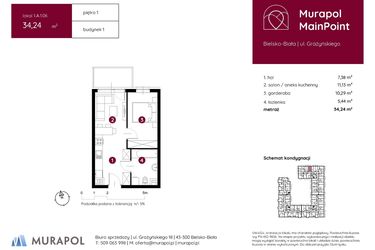 Rzut - Mieszkanie na sprzedaż 1 pokój o powierzchni 34,24 m² - numer 1.A.1.06 w Murapol MainPoint