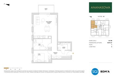 Rzut - Mieszkanie na sprzedaż 3 pokoje o powierzchni 64,91 m² - numer B.1.06 w Ananasowa