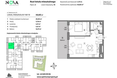 Rzut - Mieszkanie na sprzedaż 2 pokoje o powierzchni 45,6 m² - numer 19 w Nova Radiostacja