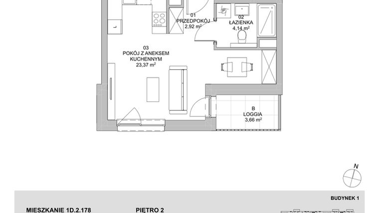 Rzut - Mieszkanie na sprzedaż 1 pokój o powierzchni 30,58 m² - numer 1D.2.178 w Francuska Park VIIIB