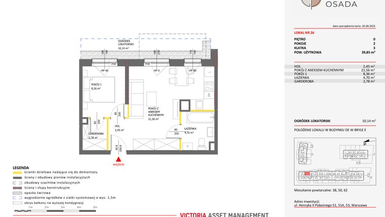 Rzut - Mieszkanie na sprzedaż 2 pokoje o powierzchni 39,85 m² - numer E.26 w Piastova Osada