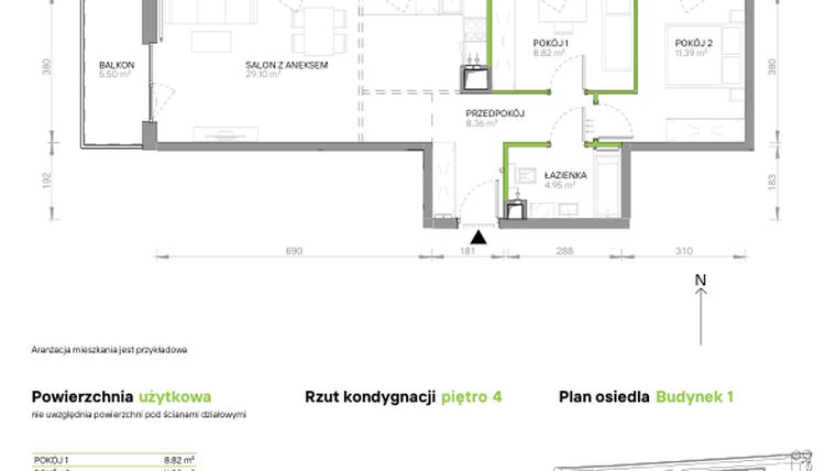 Rzut - Mieszkanie na sprzedaż 3 pokoje o powierzchni 62,62 m² - numer III.4/1/39 w Via Flora