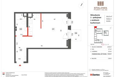 Rzut - Mieszkanie na sprzedaż 1 pokój o powierzchni 39,22 m² - numer 41 w Stalowa Form 43.45