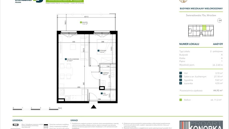 Rzut - Mieszkanie na sprzedaż 2 pokoje o powierzchni 44,92 m² - numer AA0109 w Vivre