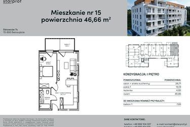 Rzut - Mieszkanie na sprzedaż 2 pokoje o powierzchni 46,66 m² - numer 15 w Odrowców 7C