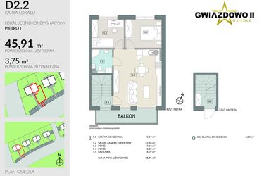 Rzut - Mieszkanie na sprzedaż 3 pokoje o powierzchni 49,66 m² - numer D2.2 w Gwiazdowo II