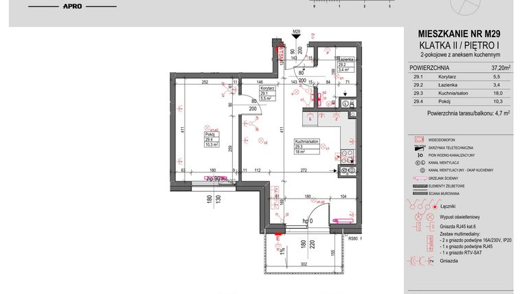Rzut - Mieszkanie na sprzedaż 2 pokoje o powierzchni 37,2 m² - numer M29 w Antczaka 46