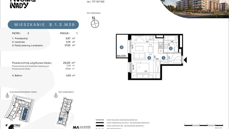 Rzut - Mieszkanie na sprzedaż 1 pokój o powierzchni 29,55 m² - numer B.1.3.M38 w Nowe Promenady etap II