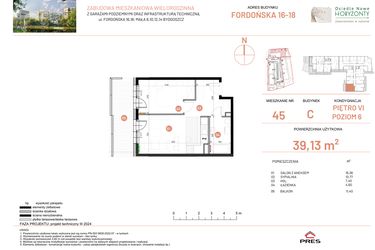 Rzut - Mieszkanie na sprzedaż 2 pokoje o powierzchni 39,13 m² - numer 18.45 w Osiedle Nowe Horyzonty etap II