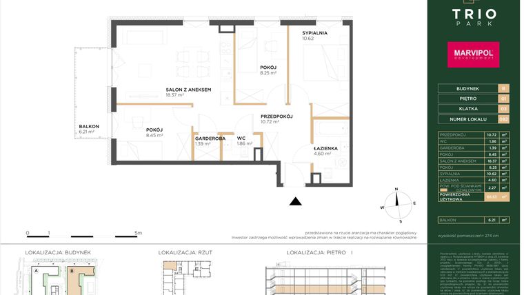 Rzut - Mieszkanie na sprzedaż 4 pokoje o powierzchni 66,53 m² - numer B082 w Trio Park