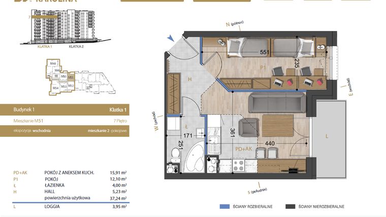 Rzut - Mieszkanie na sprzedaż 2 pokoje o powierzchni 37,24 m² - numer 51 w Osiedle Dakar Karolina