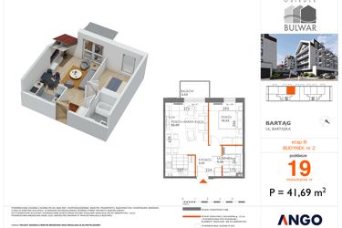 Rzut - Mieszkanie na sprzedaż 2 pokoje o powierzchni 41,69 m² - numer 19 w Bulwar bud. 2