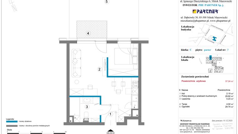 Rzut - Mieszkanie na sprzedaż 1 pokój o powierzchni 37,24 m² - numer 7 w Daszyńskiego Square etap 2