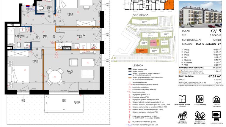 Rzut - Mieszkanie na sprzedaż 3 pokoje o powierzchni 66,29 m² - numer K7/9 w Kleszczewo Park - etap IV