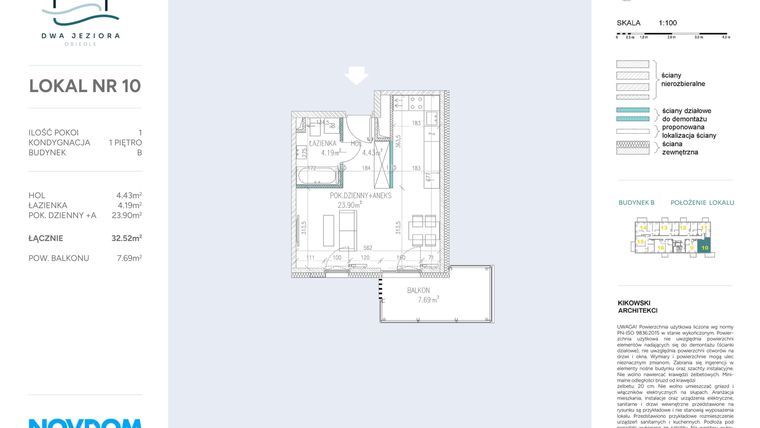 Rzut - Mieszkanie na sprzedaż 1 pokój o powierzchni 32,52 m² - numer B.10 w Dwa Jeziora