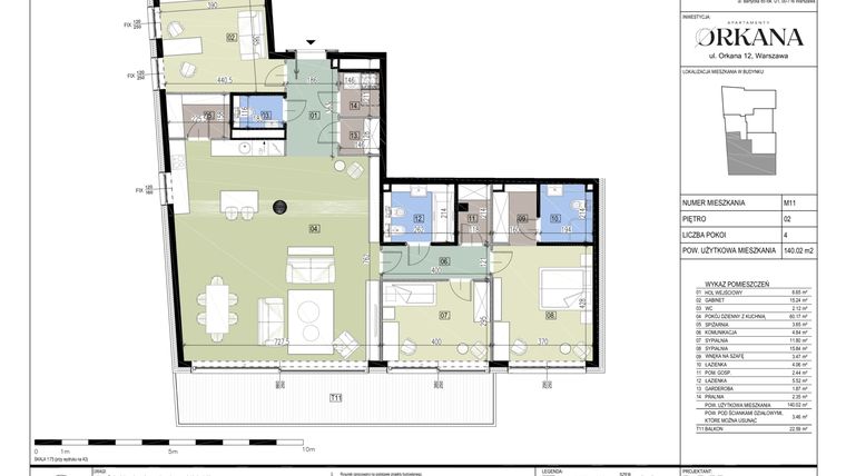 Rzut - Mieszkanie na sprzedaż 4 pokoje o powierzchni 140,02 m² - numer M11 w Apartamenty Orkana