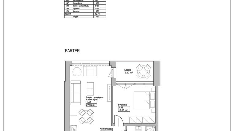 Rzut - Mieszkanie na sprzedaż 2 pokoje o powierzchni 49,76 m² - numer M6 w Ogrody Reymonta